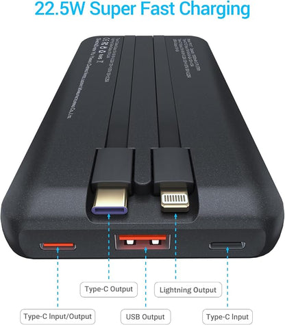 Antteez Portable Charger 10,000mAh, Power Bank Fast Charging with Built-in Cables, 22.5W USB C Travel Battery Pack, LED Display & 4 Outputs, Compatible with iPhone, Samsung, iPad
