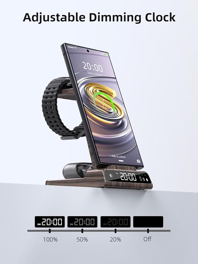 Wireless Charger Samsung Charging Station: 3 in 1 Android Charging Stand with Dimmable Clock - Nightstand Organizer for Galaxy S25 S24 Ultra, Galaxy Watch 8 7 6 5 4, Galaxy Buds, Space-Saving Charger