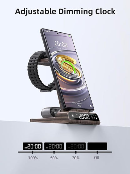 Wireless Charger Samsung Charging Station: 3 in 1 Android Charging Stand with Dimmable Clock - Nightstand Organizer for Galaxy S25 S24 Ultra, Galaxy Watch 8 7 6 5 4, Galaxy Buds, Space-Saving Charger