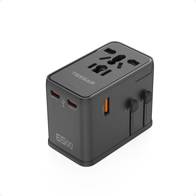 TESSAN Universal Travel Adapter, 65W International Power Adapter | 4 USB Charging Ports (2 USB C), Worldwide Plug Adaptor, US to Europe UK Italy Spain France Ireland Australia, Type C G A I