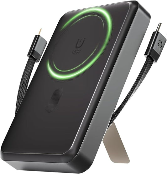Magnetic Power Bank 10000mAh, 4-in-1 Portable Charger with Built-in USB-C/Lightning Cable Foldable Stand, 15W Fast Charging Wireless Battery Pack for Samsung, Android, iPhone, Travel Essential