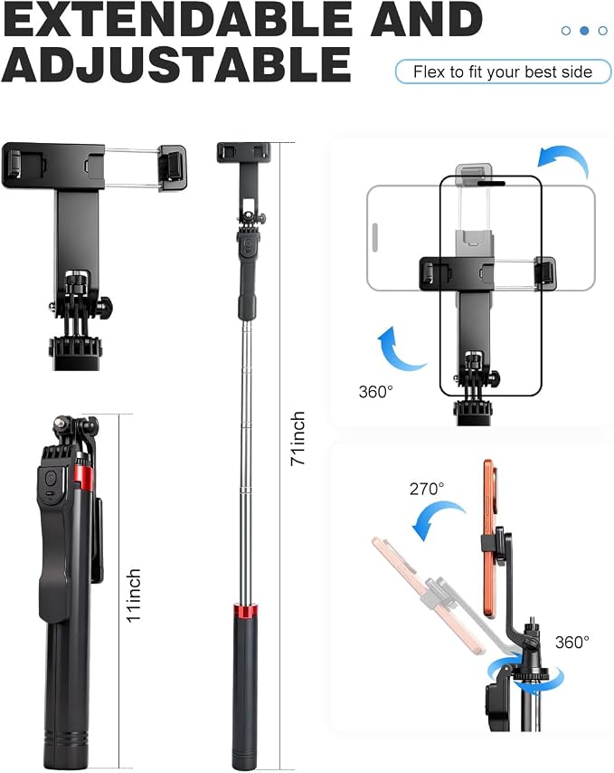 71" Phone Tripod Selfie Stick for iPhone/Android/Camera, Cell Phone Tripod Stand with Wireless Remote Control, Extendable Phone Mount 360° Rotation