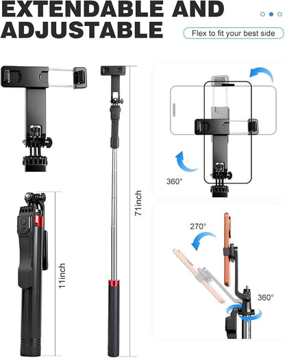 71" Phone Tripod Selfie Stick for iPhone/Android/Camera, Cell Phone Tripod Stand with Wireless Remote Control, Extendable Phone Mount 360° Rotation