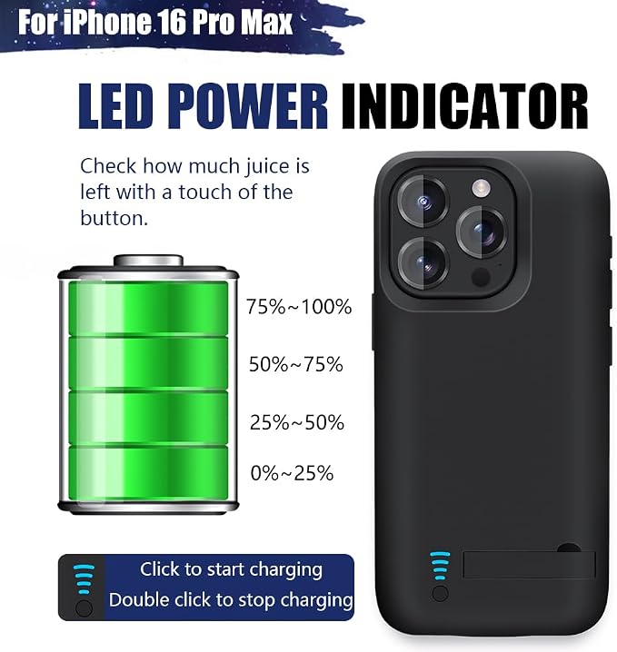 Battery Case for iPhone 16 Pro Max, 6000mAh Rechargeable Extended Battery Charging/Charger Case, Add 100% Extra Juice (6.9 inch) Black