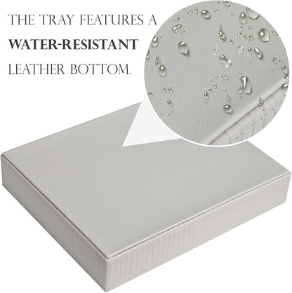 HofferRuffer Faux Leather Vanity Tray, Elegant Desktop Storage Organizer, Decorative Catchall for Perfume, Bathroom Valet, Nightstand or Dresser, 10.2 x 8.4 x 1.8 inches (Grey Stripe)