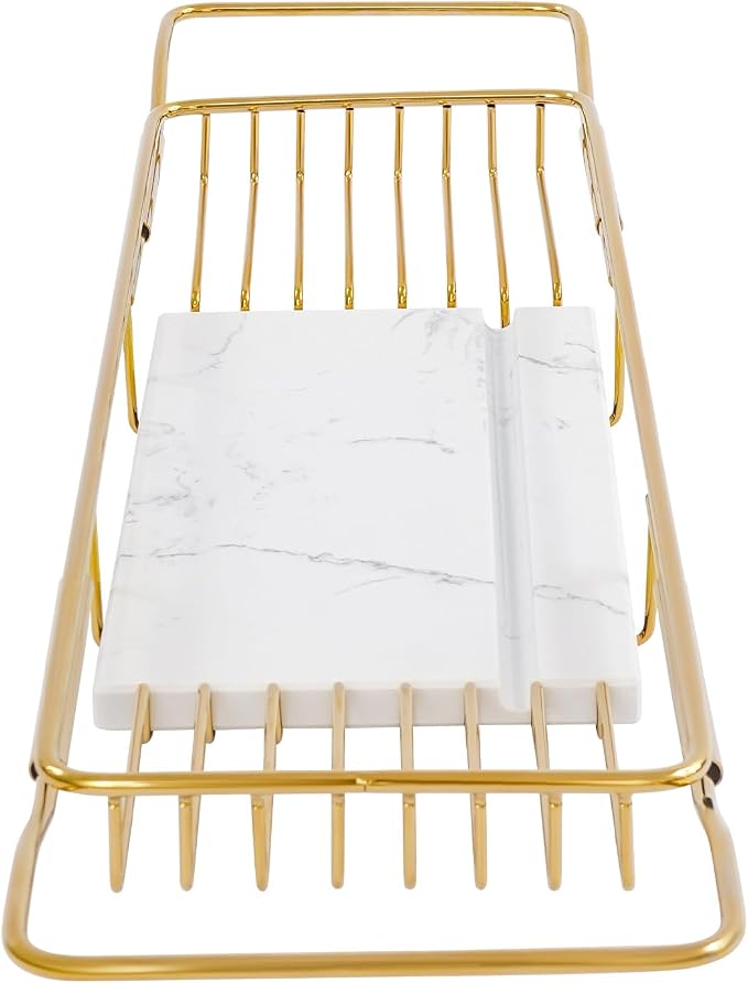 Expandable Bathtub Tray Caddy for Luxury Bath, Extra Wide Acrylic Tub Tray with Natural Marble Board, Waterproof Bath Tub Shelf for Phone, Wine, Book, Tablet Stand - Ideal Home Spa (Gold, White)