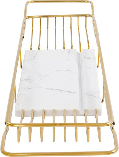 Expandable Bathtub Tray Caddy for Luxury Bath, Extra Wide Acrylic Tub Tray with Natural Marble Board, Waterproof Bath Tub Shelf for Phone, Wine, Book, Tablet Stand - Ideal Home Spa (Gold, White)