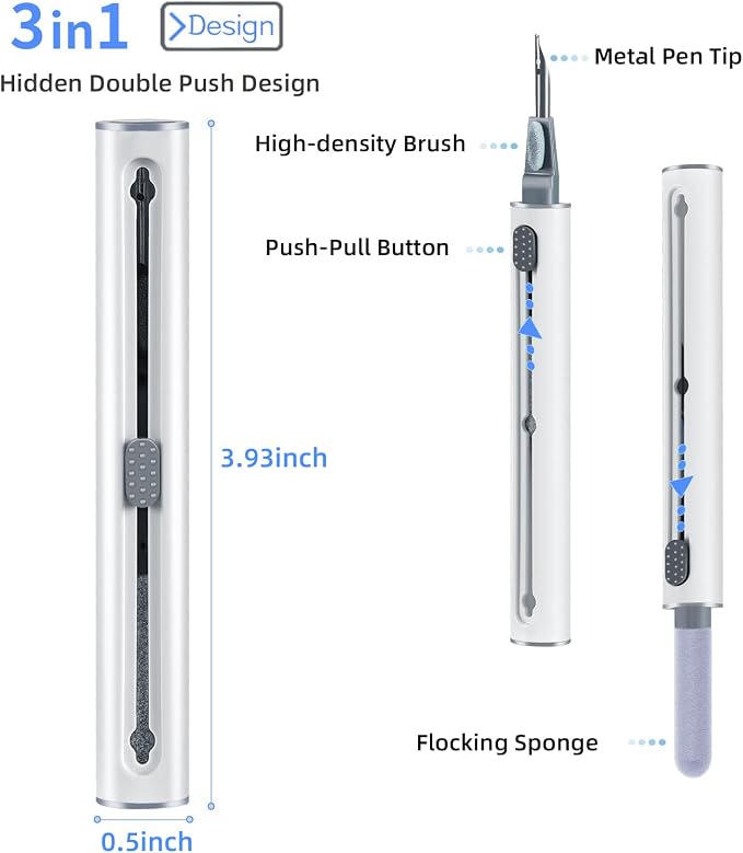 2Pcs Earbud Cleaning kit， Multi-Function Cleaning Pen with Soft Brush Flocking Sponge，Suitable for Bluetooth Headset, Charging Box, Mobile Phone, Earbud