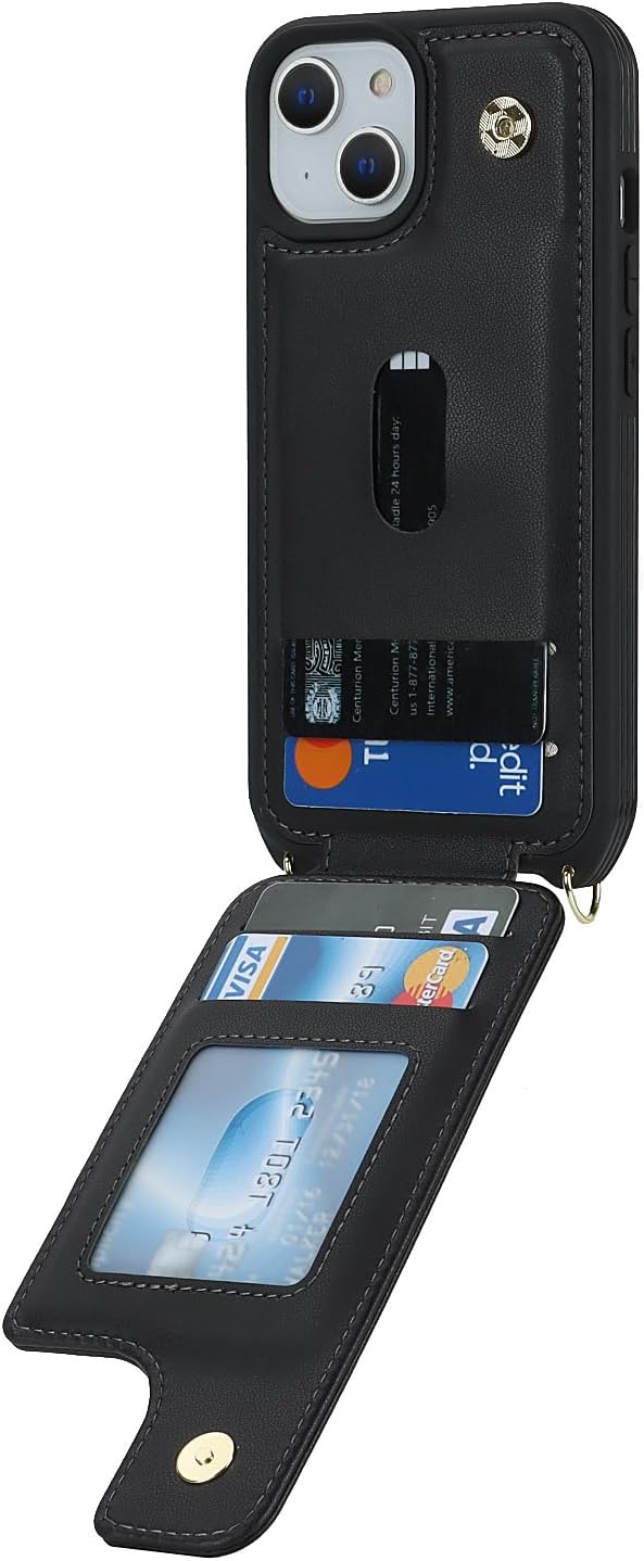Lipvina for iPhone 13 Case with Card Holder and Strap - Women's Crossbody Lanyard,RFID Blocking, Ring Stand,Snap Clasp, RFID Blocking Phone Wallet Case 6.1 inch (Black)
