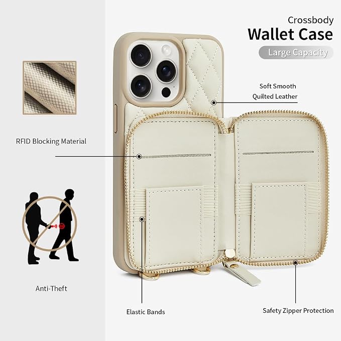 LAMEEKU for iPhone 15 Pro Wallet Case, Crossbody Case with Card Holder Quilted Leather Zipper Purse, Wrist Strap Lanyard Chain Cover for Women for iPhone 15 Pro 6.1" Beige