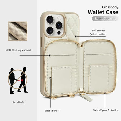 LAMEEKU for iPhone 15 Pro Wallet Case, Crossbody Case with Card Holder Quilted Leather Zipper Purse, Wrist Strap Lanyard Chain Cover for Women for iPhone 15 Pro 6.1" Beige