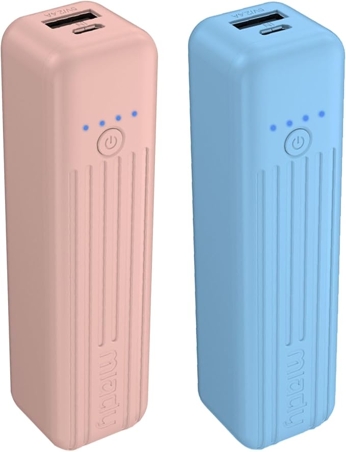 Miady 2-Pack Small Portable Charger Mini Power Bank Lipstick Battery Pack | 5000mAh丨18.5Wh丨Dual USB丨Pocket Size丨Compatible with iPhone Android etc丨Flight-Safe丨Lightweight丨Blue+Pink
