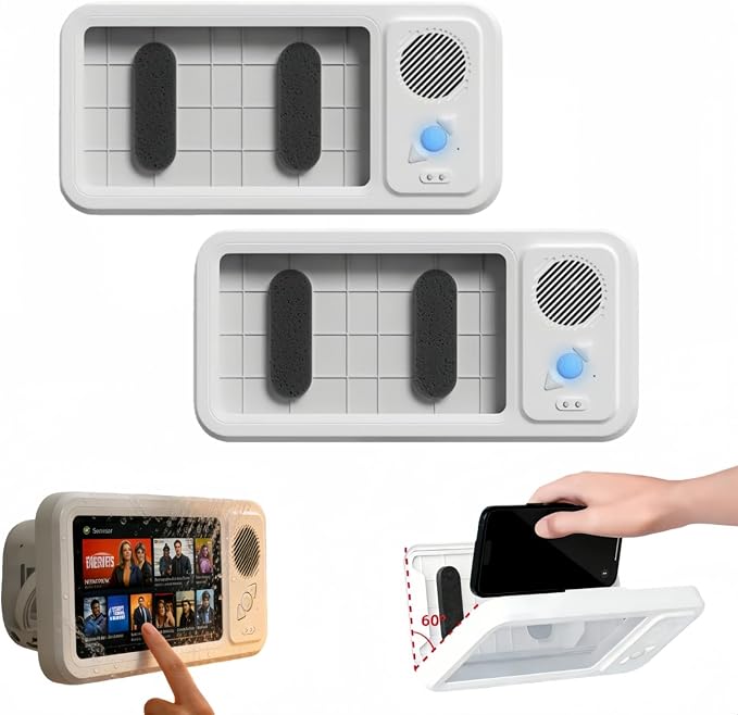 Bluetooth Shower Phone Holder with Speaker, Upgraded Water Proof Phone Holder for Shower,Adjustable Waterproof Box Speaker,Hands-Free Music&Video,360° Rotation,Fixed Mount for Bathroom (2, Bluetooth)