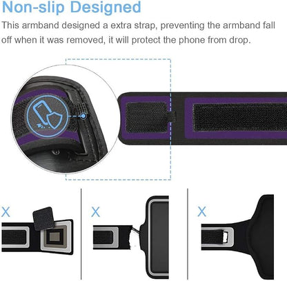 iPhone 17 16 Pro Armband, JEMACHE Gym Workouts Running Arm Band for iPhone 17/16/15/14/13 Pro with Airpods Holder (Purple)