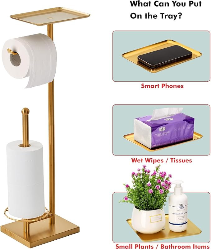 Toilet Paper Holder with Tray at The Top, Heavy-Weighted Base No Wobbly, Freestanding Toilet Paper Rolls Stand, Hold Extra 3 Paper Rolls On The Base (Gold)