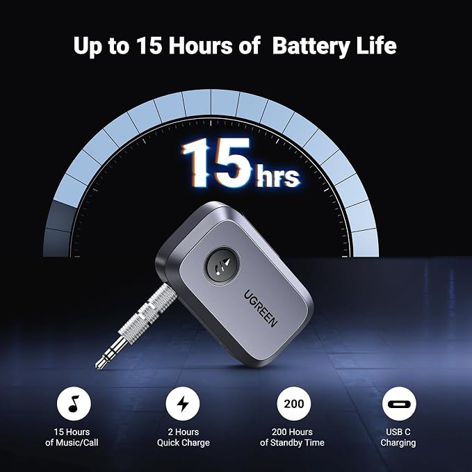 UGREEN 5.4 Aux Bluetooth Adapter, Noise Cancelling 3.5mm AUX Bluetooth Car Adapter, Wireless Audio Receiver for Home Stereo/Wired Speaker, 15H Battery Life