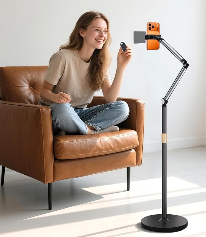 Phone Floor Stand, Cell Phone Stand with Flexible Arm for Bed, 69" Height Adjustable iPhone Stand, Stable Overhead Tripod with 360°Rotatable Phone Holder & Remote for Recording, Sofa, Desk