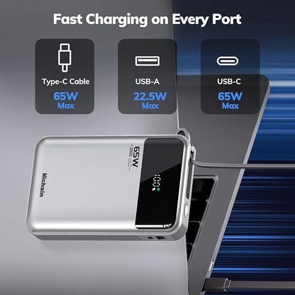 Hichain Laptop Power Bank 65W 20000mAh Portable Charger with Built-in USB-C Cable, 3-Port Fast Charging Battery Pack for MacBook iPhone 17 16/15 Series Android Switch Travel Essential Silver