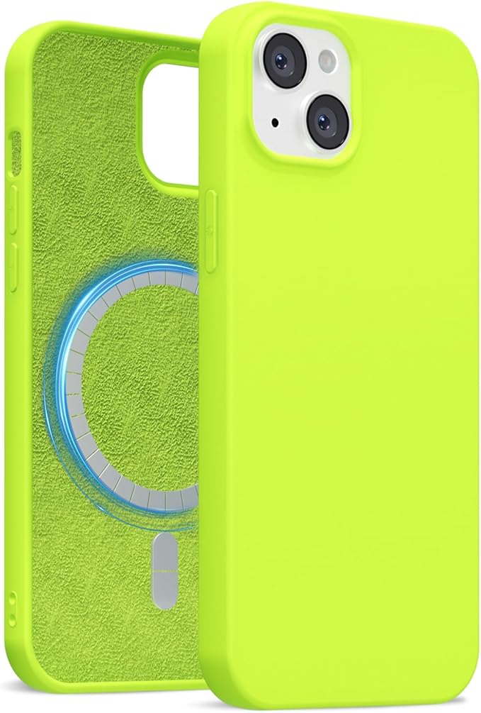 for iPhone 14/ iPhone 13 Case Silicone Compatible with Magsafe Case, Ultra Slim Thin Magnetic Phone Cases Mag Safe, Cute Soft Rubber Gel TPU Matte Wireless Charging Cover for Women, Neon Green
