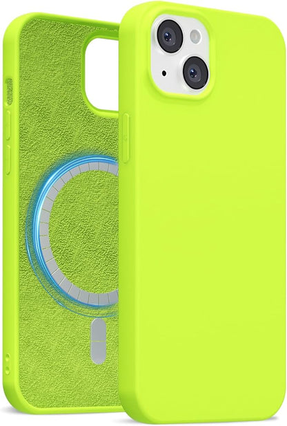 for iPhone 15 Case Silicone Compatible with Magsafe Case, Ultra Slim Thin Magnetic Phone Cases Mag Safe, Cute Soft Rubber Gel TPU Matte Plain Wireless Charging Cover for Women, Neon Green