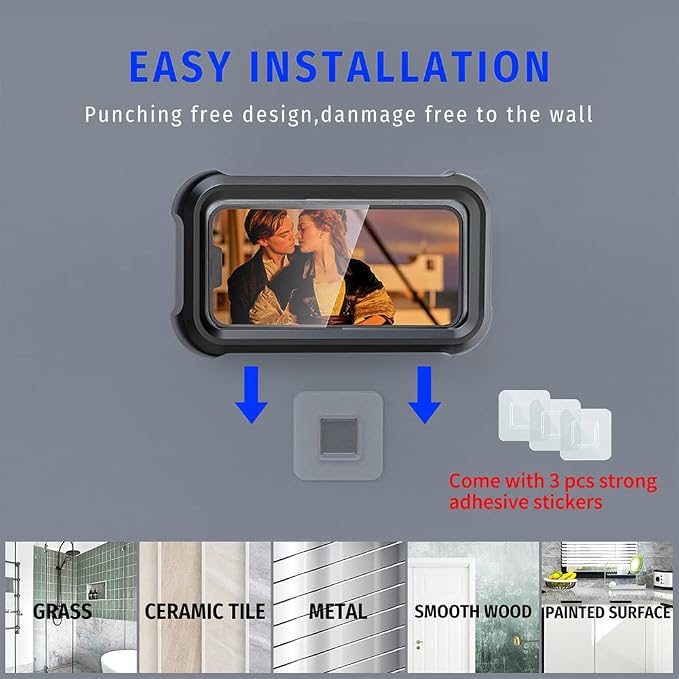 Upgraded 480° Rotating Shower Phone Holder Waterproof Case with Touch Screen,OOLYICO Shower Accessories Guardian Buddy Phone Holder Wall Mount Shelf in Bathroom Bathtub for 4" - 7" Cell Phone -Black