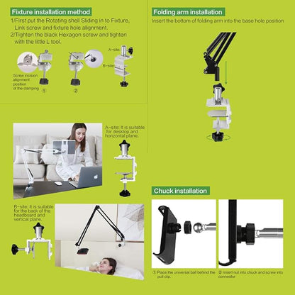 Heavy Duty Phone/Tablet Metal Holder Universal Mobile Cell Smartphone Mount Lazy Bracket 360° Rotation Gooseneck Clamp Stand Flexible Long Arm for 4-11 Inch Devices (Black, 2-Section)