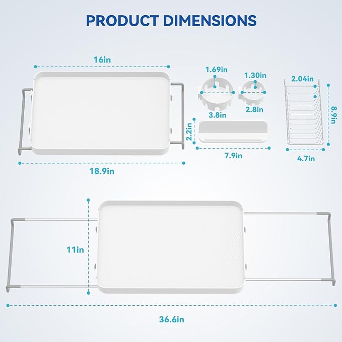 Bathtub Tray for Large Soaking Tub Table Tray Expandable Tub Shelf for Bathtub Caddy Bath Shelf Over Tub Luxury Bath Board Book Holder with Removable 2 Cup Holder Phone Metal Shower Caddy Basket White