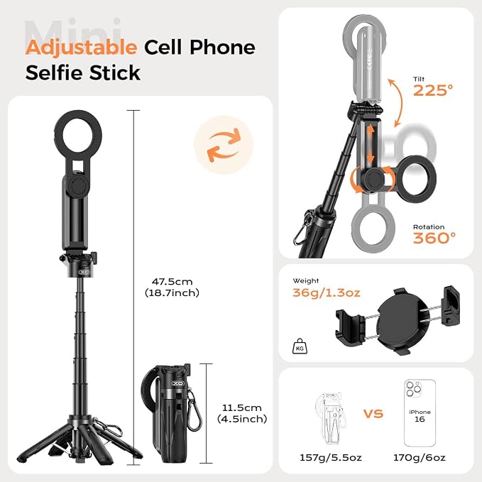 Multifunctional Mini Phone Tripod for Magsafe, Magnetic Chuck＆ Clip Pocket Size Magnetic Selfie Stick for iPhone with Remote, Extendable Cell Phone Small Tripod Magnet Stand for All Smartphones