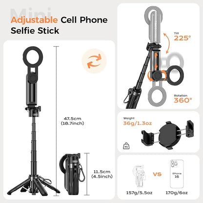 Multifunctional Mini Phone Tripod for Magsafe, Magnetic Chuck＆ Clip Pocket Size Magnetic Selfie Stick for iPhone with Remote, Extendable Cell Phone Small Tripod Magnet Stand for All Smartphones
