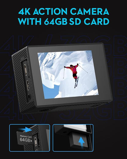 Action Camera 4K30fps with 64G SD Card,HD Waterproof Camera 131ft Underwater Cameras 20MP Pre-recording WiFi Camera 170° Remote Control Sports Cameras with 2 Batteries Helmet Mount Accessories Kits