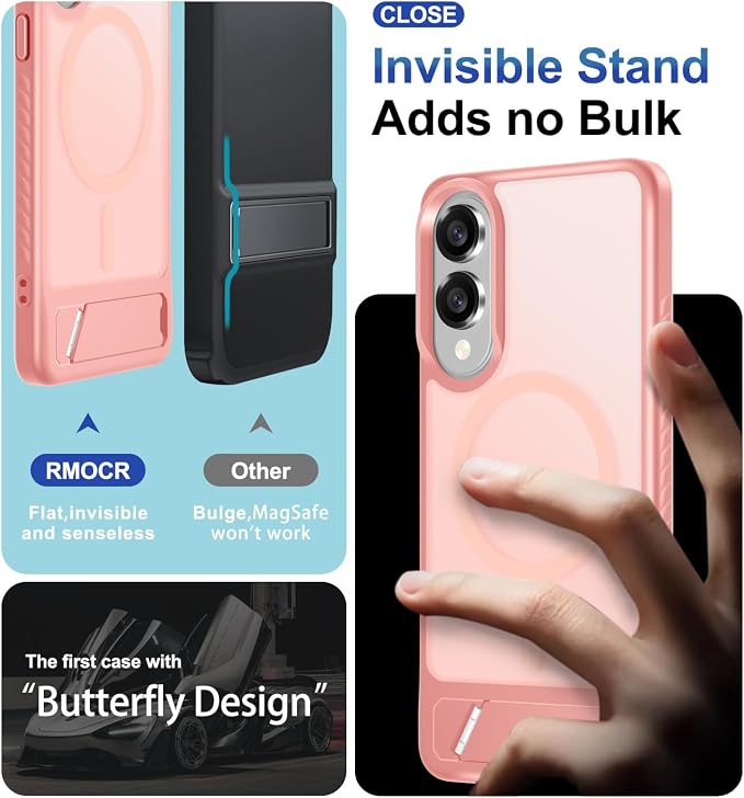 RMOCR for Samsung Galaxy S25 Edge Case with Screen Protector+Lanyard Wrist Strap,Magnetic Translucent Matte Rugged Slim Phone Cover Built in Invisible Kickstand [Fit for MagSafe],2025 Cute Pink