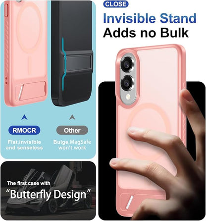 RMOCR for Samsung Galaxy S25 Edge Case with Screen Protector+Lanyard Wrist Strap,Magnetic Translucent Matte Rugged Slim Phone Cover Built in Invisible Kickstand [Fit for MagSafe],2025 Cute Pink