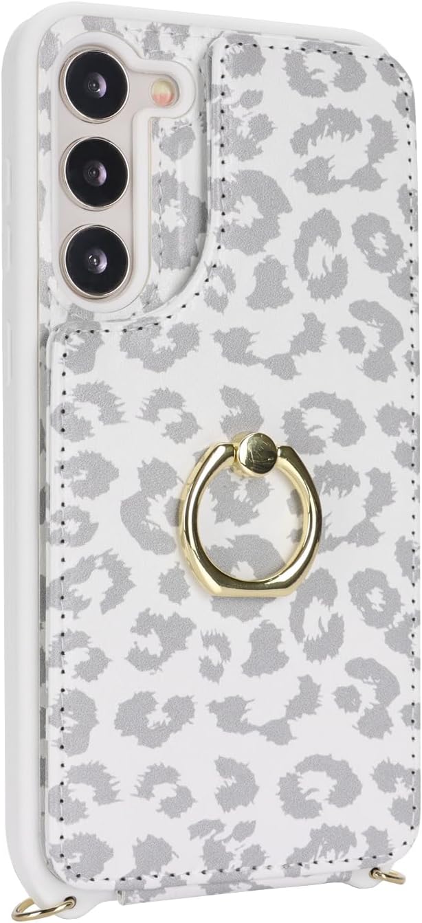 Lipvina for Samsung Galaxy S22 Case with Card Holder and Strap for Women,Crossbody Lanyard,RFID Blocking,Ring Stand,Snap Clasp,Cute Phone Wallet Cases 6.1 inch(White Leopard)