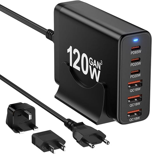 European USB C Charger Station Fast Charging Hub Europe Travel Power Adapter Multiple 6 Multi Port 120W GaN PD QC Block EU UK US Plug for Apple iPhone Samsung Pixel 65W Laptop MacBook Pro Air Surface