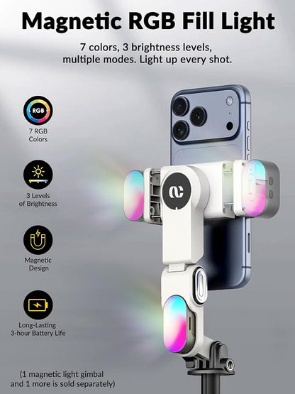 AOCHUAN 70.9” Auto-Open 4-in-1 Smartphone Gimbal for iPhone & Android, AI Face Tracking Phone Stabilizer(No App Needed) w/Magnetic Remote, 360° Rotating Gimbal, RGB Light& Built-in Tripod, M3Pro White