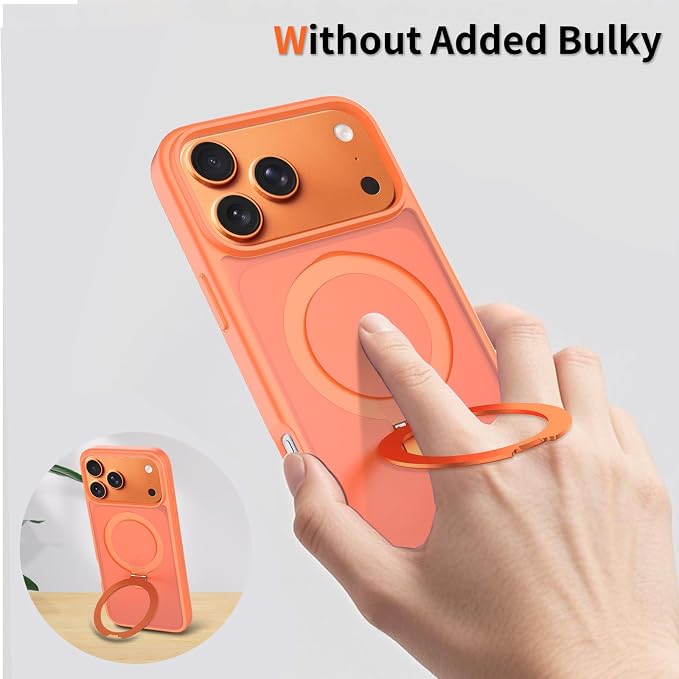 Ultra-Magnetic Stand for iPhone 17 Pro Max Case [Military Drop Protection] [Compatible with MagSafe] Shockproof Translucent Matte Slim Ring Holder Case for iPhone 17 Pro Max (Orange)