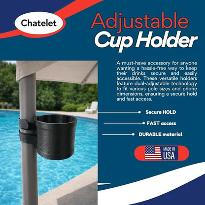 Chatelet Universal Cup Holder with Strap-On Design | Adjustable Drink Holder for Boats, Golf Carts, Pool Umbrellas, Strollers & More | Fits Cans, Bottles & Tumblers | Made in USA (Gray, Cup)