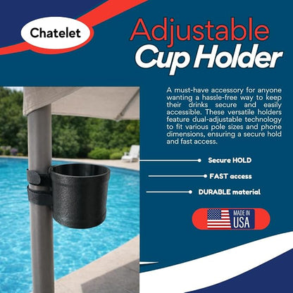 Chatelet Universal Cup Holder with Strap-On Design | Adjustable Drink Holder for Boats, Golf Carts, Pool Umbrellas, Strollers & More | Fits Cans, Bottles & Tumblers | Made in USA (Black, Cup)