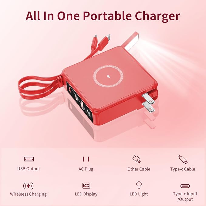 Wireless Charging Portable Charger with Built-in Cables & AC Wall Plug, 10000mAh Power Bank with LED light, PD 22.5W Fast Charging Travel Portable Charger for iPhone, Samsung, Android(No-Magnetic)