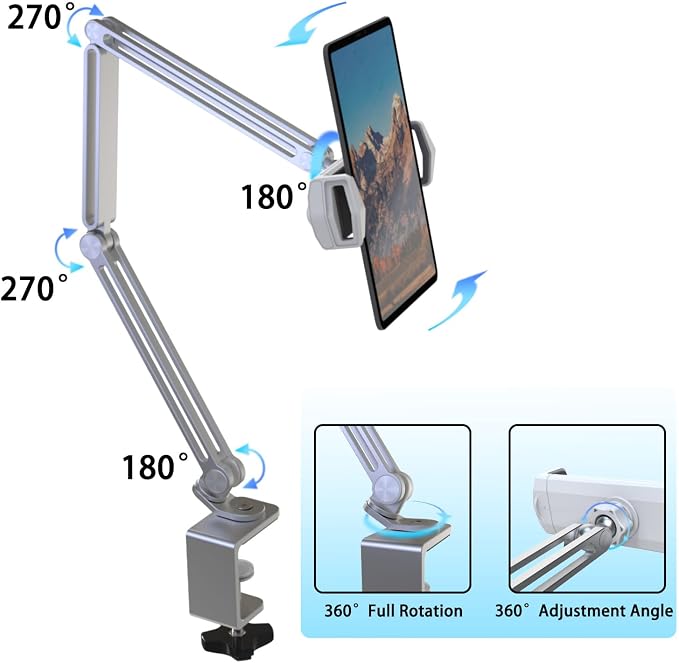 KABCON Tablet Stand-Holder Mount with Grip Extended Long Arm,Compatible with iPad Pro Mini Air,Galaxy Tabs,Microsoft Surface Pro Go,4-13''Cell Phones & Tablets for Table Bed Desk