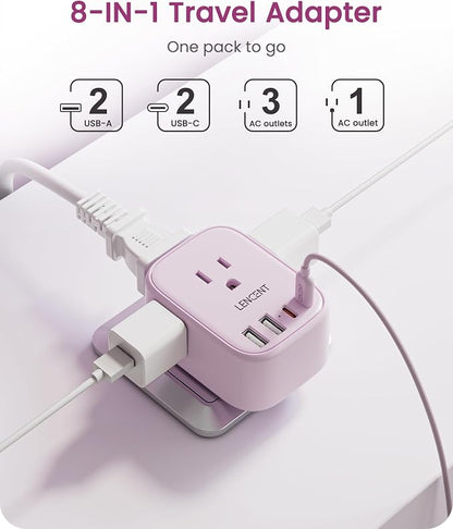 LENCENT European Travel Plug Adapter US to Europe Type-C Foldable Plug | with 4 Outlets 4 USB Ports (2 USB C), Power Adaptor for USA to EU Euro Iceland Spain Italy France Germany Greece, Pink
