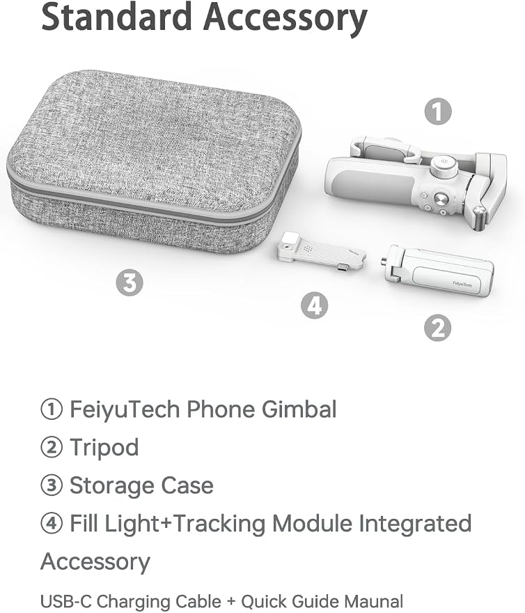 FeiyuTech VB4 Kit 3-Axis Smartphone Gimbal–Built-in 8.5" Extension Rod, AI Face Tracking&Fill Light, Carrying Case for for iPhone,Samsung Galaxy, Google Pixel Series, Motorola – Payload 9.2 oz
