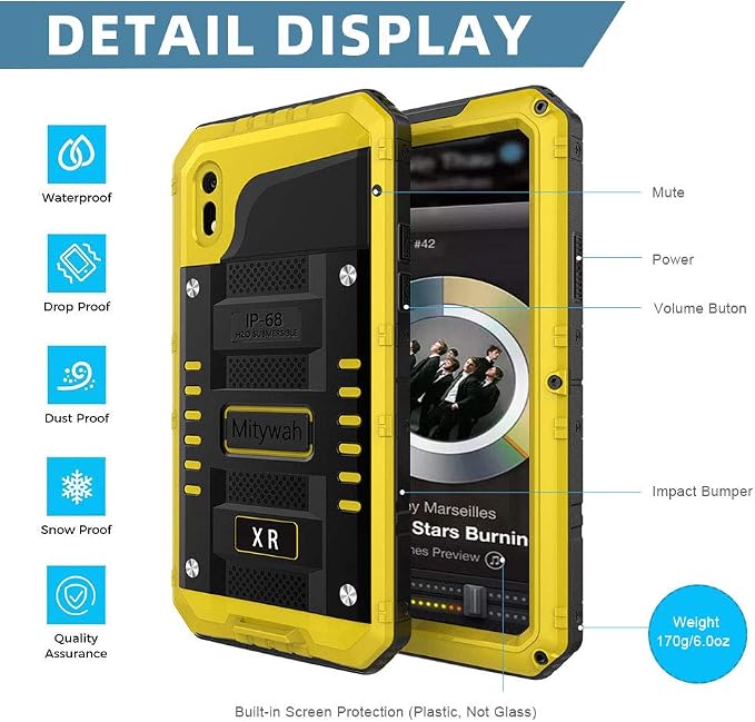 Mitywah Waterproof Case for iPhone XR, Heavy Duty Shockproof Case with Built-in Screen Protector, Full Body Underwater Protective Metal Case 6.1 inch, Yellow