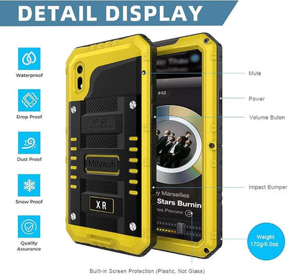 Mitywah Waterproof Case for iPhone XR, Heavy Duty Shockproof Case with Built-in Screen Protector, Full Body Underwater Protective Metal Case 6.1 inch, Yellow