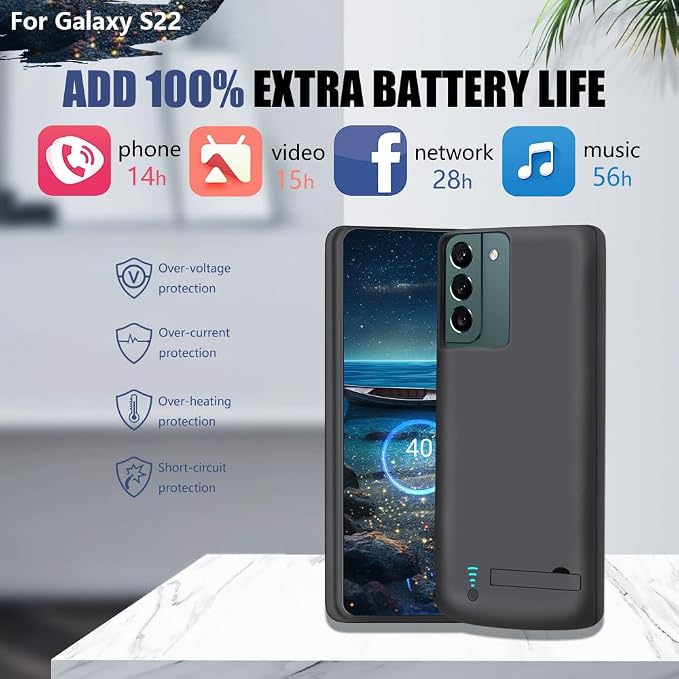 [New Version Battery Case for Samsung Galaxy S22, 4800mAh Rechargeable Extended Battery Charging Charger Case, Add 100% Extra Juice (6.1 Inches) Black