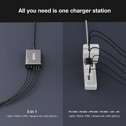 WOTOBEUS 240W 5-Ports USB C GaN Charger with ETL, PD 100W PPS45W Super Fast Charging Station & 5A Cable & AC Cord for iPhone 17 16 15 iPad MacBook Pro Air Galaxy S25 S24 Ultra Pixel Type-C Laptop