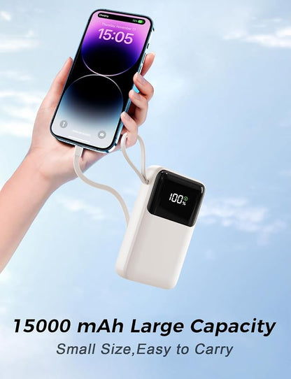 Power Bank, 15000mAh Portable Charger with Built in Cable, 22.5W Fast Charging, 6 Outputs, Slim Travel Essential Battery Pack with LED Display, Compatible with iPhone 17/16/15/14/13, iPad Beige