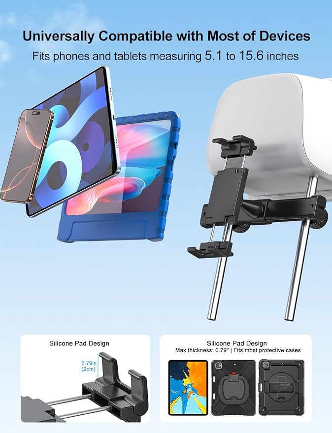 PLDHPRO Car Headrest Tablet Holder, Tablet Mount for Car Backseat for Kids, Road Trip Essentials Compatible with iPhone, iPad, Galaxy Tab, 5.1''-15.6'' Devices, Travel Head Rest Must Accessories