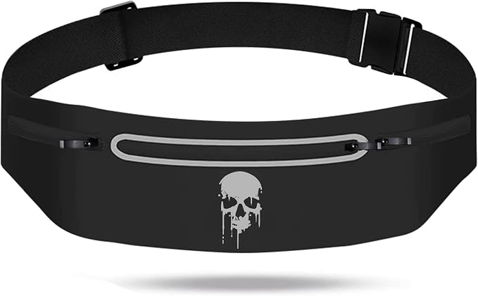 Skull Running Belt Waist Fanny Pack Phone Holder for Women, Waterproof Reflective Running Pack for Men Black Skull Jogging Pouch Adjustable,Horror Grim Reaper Wallet Holder for Hiking Cycling Workout