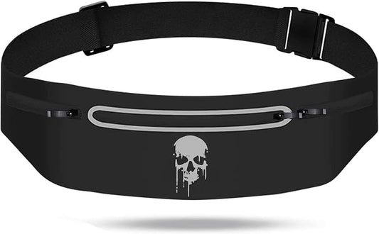Skull Running Belt Waist Fanny Pack Phone Holder for Women, Waterproof Reflective Running Pack for Men Black Skull Jogging Pouch Adjustable,Horror Grim Reaper Wallet Holder for Hiking Cycling Workout
